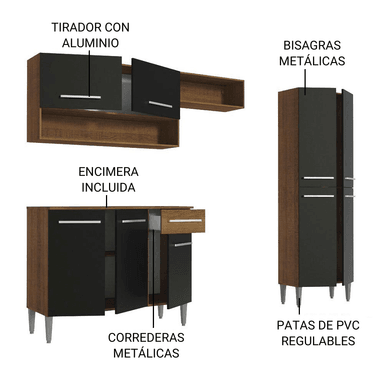 MUEBLE DE COCINA INTEGRAL EMILLY POP 229 CM - MARRÓN/NEGRO - 3