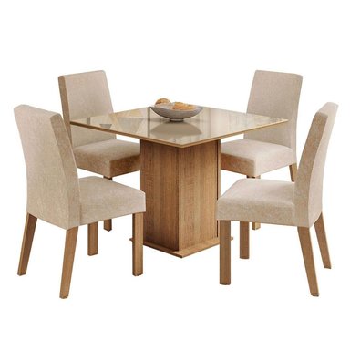 JUEGO COMEDOR MADESA 4 SILLAS CREMA EVELIN TABLERO MADERA Y CUBIERTA CRISTAL