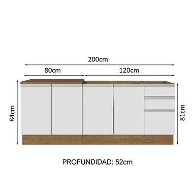 KIT MADESA GLAMY 3 CAJONES 2 MUEBLES DE COCINA 4 PUERTAS Y 200 CM MARRÓN/BLANCO - 2