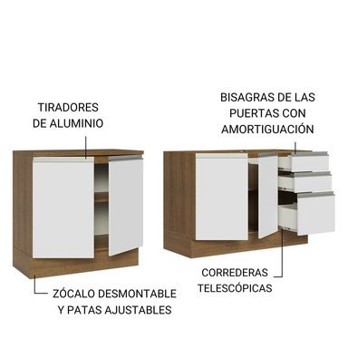 KIT MADESA GLAMY 3 CAJONES 2 MUEBLES DE COCINA 4 PUERTAS Y 200 CM MARRÓN/BLANCO - 3