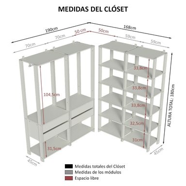 ROPERO MADESA MODULADO ABIERTO VALENCIA 358 CM 3 4 CAJONES NEGRO - 3