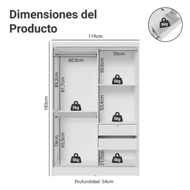 ROPERO MADESA 104409A1E LUKE CORREDIZAS 1 ESPEJO 2 PUERTAS BLANCO - 3