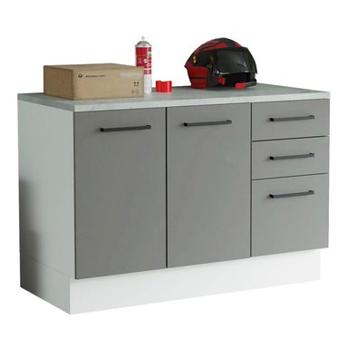 MUEBLE MOSTRADOR MULTIUSO PARA GARAJE AGATA 120 CM 2 PUERTAS 3 CAJONES - BLANCO/GRIS