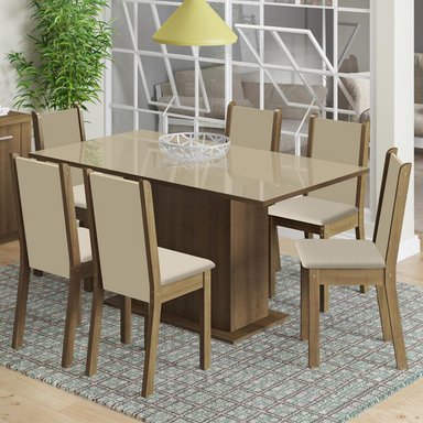 JUEGO DE COMEDOR MOSCOU PLUS CON 6 SILLAS - TABLERO DE MADERA Y CUBIERTA DE CRISTAL