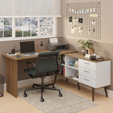 ESCRITORIO MESA DE OFICINA DE ESQUINA LISBOA CON 3 CAJONES - BLANCO/MARRÓN