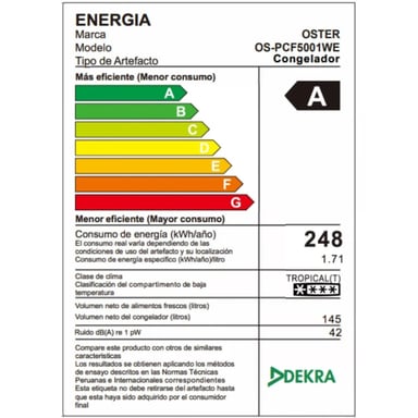 CONGELADOR HORIZONTAL CON TERMOSTATO AJUSTABLE OSTER 135L OSTER PCF5001WE BLANCO - 5