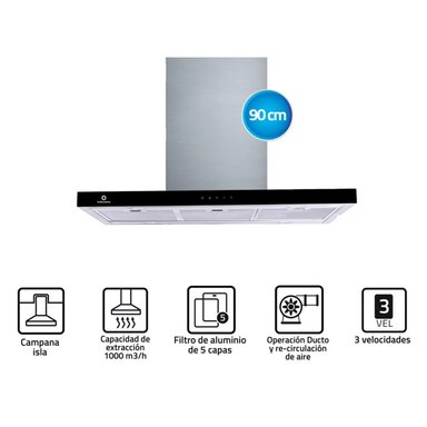 CAMPANA ISLA ACERO INOXIDABLE 3VEL. 90 CM INDURAMA CEI-90CRTIS INOX