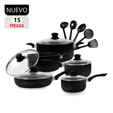 SET DE OLLAS ANTIADHERENTES 15 PZAS FINEZZA FZ-1655T NEGRO