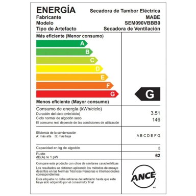 SECADORA ELÉCTRICA CARGA FRONTAL 9KG BLANCA MABE SEM090VBBB0 - 6