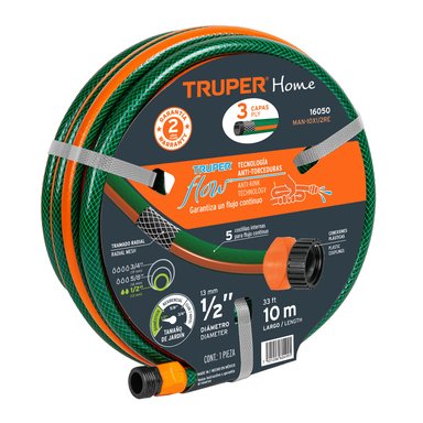MANGUERA TRUPER MAN-10X1/2RE DE 1/2' REFORZADA 3 CAPAS 10M CONEXIONES PLASTICAS