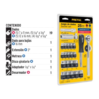 SET HERRAMIENTAS PRETUL 23974 25 PIEZAS 1/4' Y 3/8' - 2