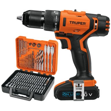 TALADRO PERCUTOR INALAMBRICO 1/2 20V + JUEGO 100 BROCAS Y PUNTAS TRUPER