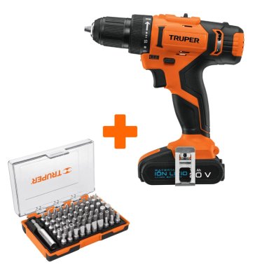 COMBO TRUPER TALADRO INALÁMBRICO 20V + JUEGO 61 PUNTAS MIXTAS