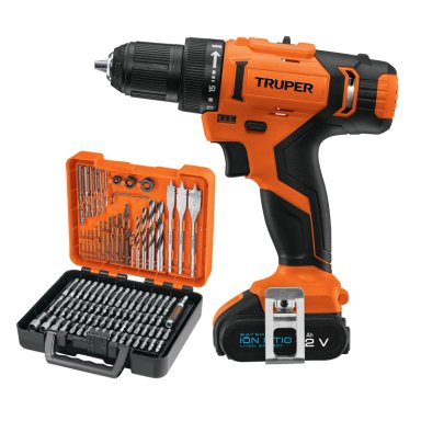 COMBO TRUPER TALADRO INALÁMBRICO 12V + JUEGO 100 PUNTAS Y BROCAS