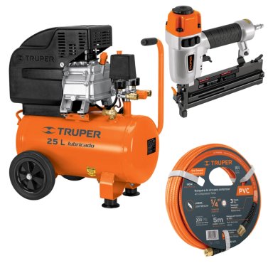KIT COMPRESORA 25 L , MANGUERA 5M CON CLAVADORA Y ENGRAPADORA CALIBRE 18 TRUPER