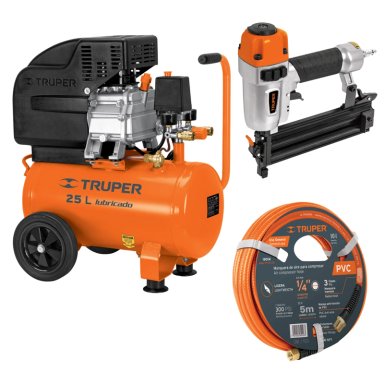 KIT COMPRESORA 25 L MANGUERA 5M CON CLAVADORA NEHUMATICA CALIBRE 18 TRUPER