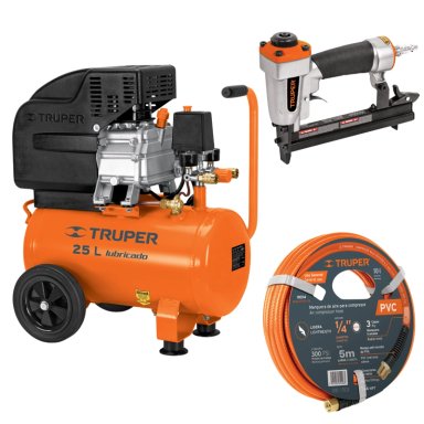 SET COMPRESORA TRUPER COMP-25LT-260 25 L + MANGUERA 5M + ENGRAPADORA NEHUMATICA CALIBRE 18