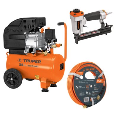 KIT COMPRESORA 25 L MANGUERA 10M CON ENGRAPADORA NEHUMATICA CALIBRE 18 TRUPER