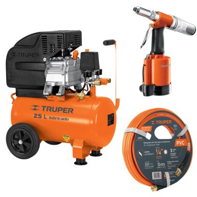 KIT COMPRESORA 25 L MANGUERA 5M CON REMACHADORA NEHUMATICA 3/16 TRUPER
