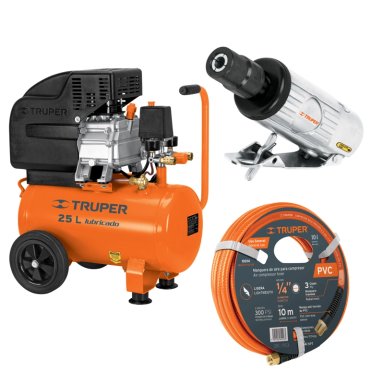 KIT COMPRESORA 25 L MANGUERA 10M CON MINI RECTIFICADORA 1/4 TRUPER