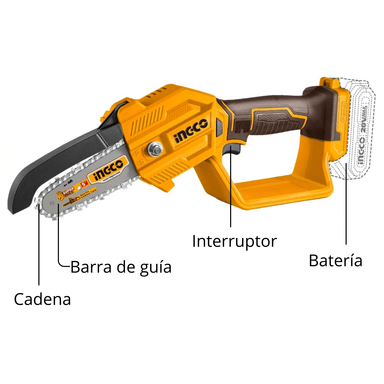 SET DE HERRAMIENTAS INGCO MINI MOTOSIERRA 5' INALÁMBRICA + BATERÍA 2AH + CARGADOR - 3