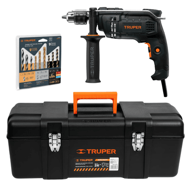 SET DE HERRAMIENTAS TRUPER TALADRO PERCUTOR INDUSTRIAL 650 WATTS + BROCAS + CAJA HERRAMIENTAS 26'