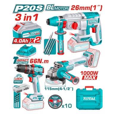 MEGA COMBO INDUSTRIAL TALADRO + AMOLADORA + ROTOMARTILLO TOTAL