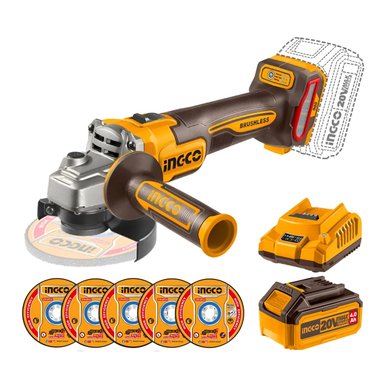 AMOLADORA INALÁMBRICA 900W + BATERÍA 4AH Y CARGADOR INDUSTRIAL INGCO