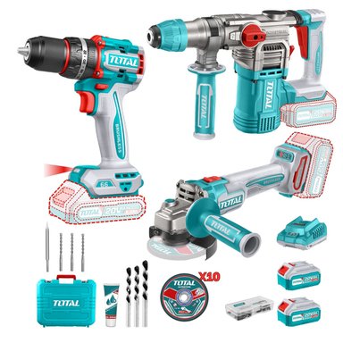 TALADRO PERCUTOR 66NM + ROTOMARTILLO + AMOLADORA INDUSTRIAL TOTAL