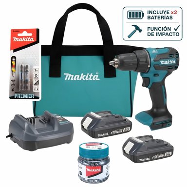 TALADRO PERCUTOR 18V + 2 BATERIAS 2AH + 50 PUNTAS PH2 MAKITA - 1