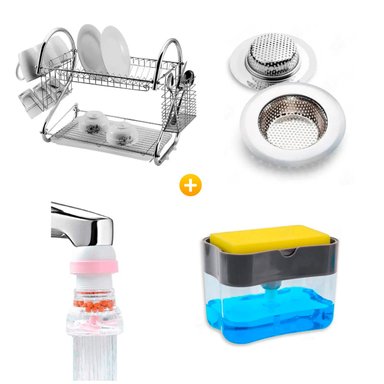 SET ESCURRIDOR ACERO PLATOS 2N + REJILLA FILTRO 115MM + GRIFO AHORRADOR + DISPENSADOR LAVAVAJILLAS