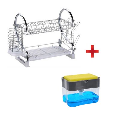 SET ESCURRIDOR ACERO PLATOS 2 NIVELES + DISPENSADOR JABON + ESPONJA