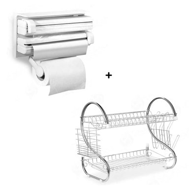 SET ESCURRIDOR ACERO ORGANIZADOR PLATOS + PORTA PAPEL TRIPLE ROLLO
