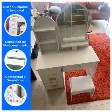 TOCADOR DE MAQUILLAJE ESTILO PRINCESA CON ASIENTO Y ESPEJO GRANDE - 2