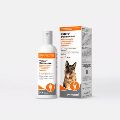 SHAMPOO MEDICADO PARA PERROS Y GATOS VETPRO DERMACARE KETOCONAZOLE + CHLOREXIDINE + CETRIMIDE SHAMPOO X 200ML