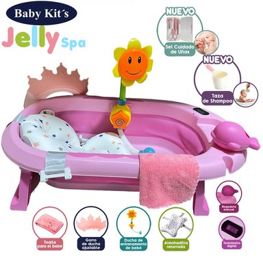 BAÑERA PLEGABLE BABY KITS CON TERMÓMETRO JELLY ROSADO + ACCESORIOS