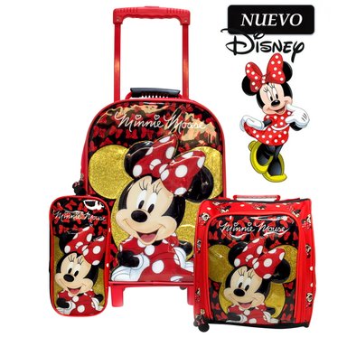 SET DE MOCHILA CON RUEDAS OFICIO LONCHERA Y CARTUCHERA MINNIE ROJO