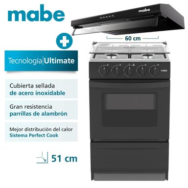 COCINA MABE DE PISO A GAS NEGRO EMP2000AN0 + CAMPANA CMU6020PB0 60 CM - 1