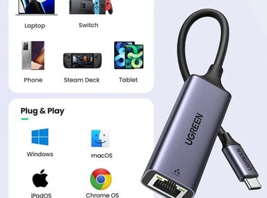 ADAPTADOR UGREEN 50737 USB 3.1 TIPO C A RJ45 GIGABIT LAN ETHERNET 1000 MBPS SANTOFA ELECTRONICS - 2