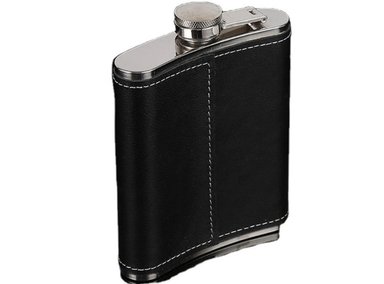 LICORERA DE BOLSILLO 6 OZ FORRO DE CUERO NEGRO ACERO INOXIDABLE SANTOFA ELECTRONICS - 1