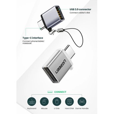 ADAPTADOR 1 PUERTO UGREEN MINI OTG USB TIPO C MACHO A USB 3.0 HEMBRA 5GBPS - 5