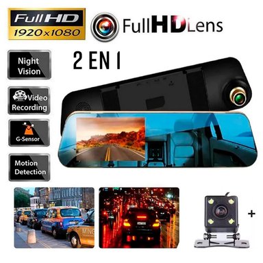 ESPEJO RETROVISAR CD D2 DOBLE CÁMARA DELANTERA Y TRASERA 1080P FULL HD SANTOFA ELECTRONICS