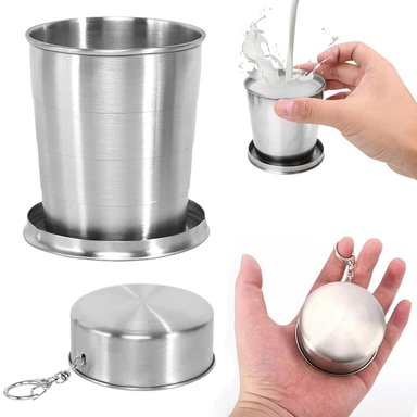 VASO PLEGABLE DE ACERO INOXIDABLE 8CM CON LLAVERO REUTILIZABLE 140ML SANTOFA ELECTRONICS S1801