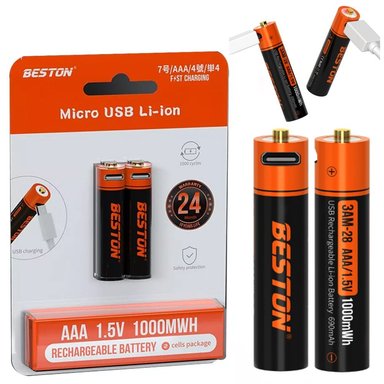 2 BATERIAS DE LITIO RECARGABLE AAA PILAS 1.5V 1000NWH BESTON MCRO USB SANTOFA ELECTRONICS S1823
