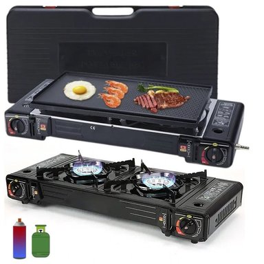 COCINA A GAS PORTATIL 2 HORNILLAS 2 EN 1 CON PARRILLA CAMP SANTOFA ELECTRONICS S1874 - 1