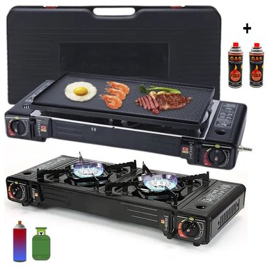 COCINA A GAS PORTATIL 2 HORNILLAS 2 EN 1 CON PARRILLA + GAS SANTOFA ELECTRONICS S1875 - 1