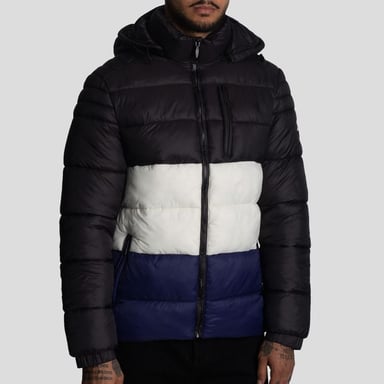CASACA PUFFER TRICOLOR-REPELENTE AL AGUA Y CORTAVIENTO CON CAPUCHA CONVERTIBLE CON CIERRE - 1