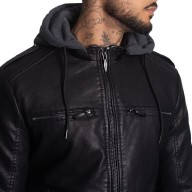 CASACA BIKER EN ECO-CUERO CON CAPUCHA CONVERTIBLE CON CIERRE– IDEAL PARA CLIMAS FRIOS - 3