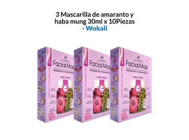 MASCARILLA WOKALI 3 UNIDADES AMARANTO Y HABA MUNG 30ML 10 PIEZAS