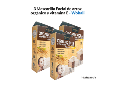 MASCARILLA WOKALI 3 UNIDADES FACIAL ARROZ 30ML 10 PIEZAS